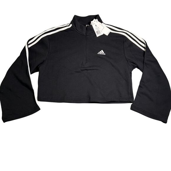 NWT Adidas Cropped 1/4 Zip Womens S Pullover Classic Logo Stripes Relaxed Active - Picture 1 of 9